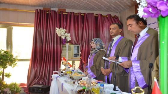 وفد مشترك من مديريتي شهداء النجف الاشرف وكربلاء المقدسة يحضر مناقشة طالبة من ذوي الشهداء