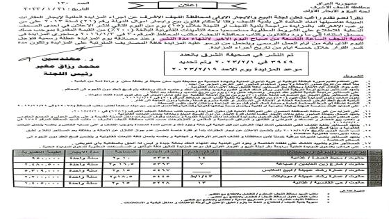 أعلان تعلن لجنة البيع والايجار في المحافظة عن اجراء مزايدة العلنية في بلدية النجف الاشرف يوم 2023/2/19